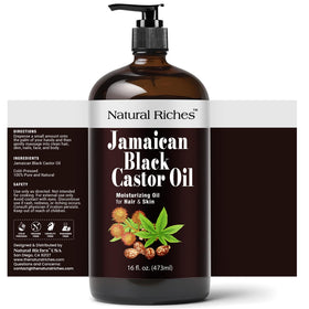 Natural Riches Jamaican Black Castor Oil 16 fl oz glass bottle side view