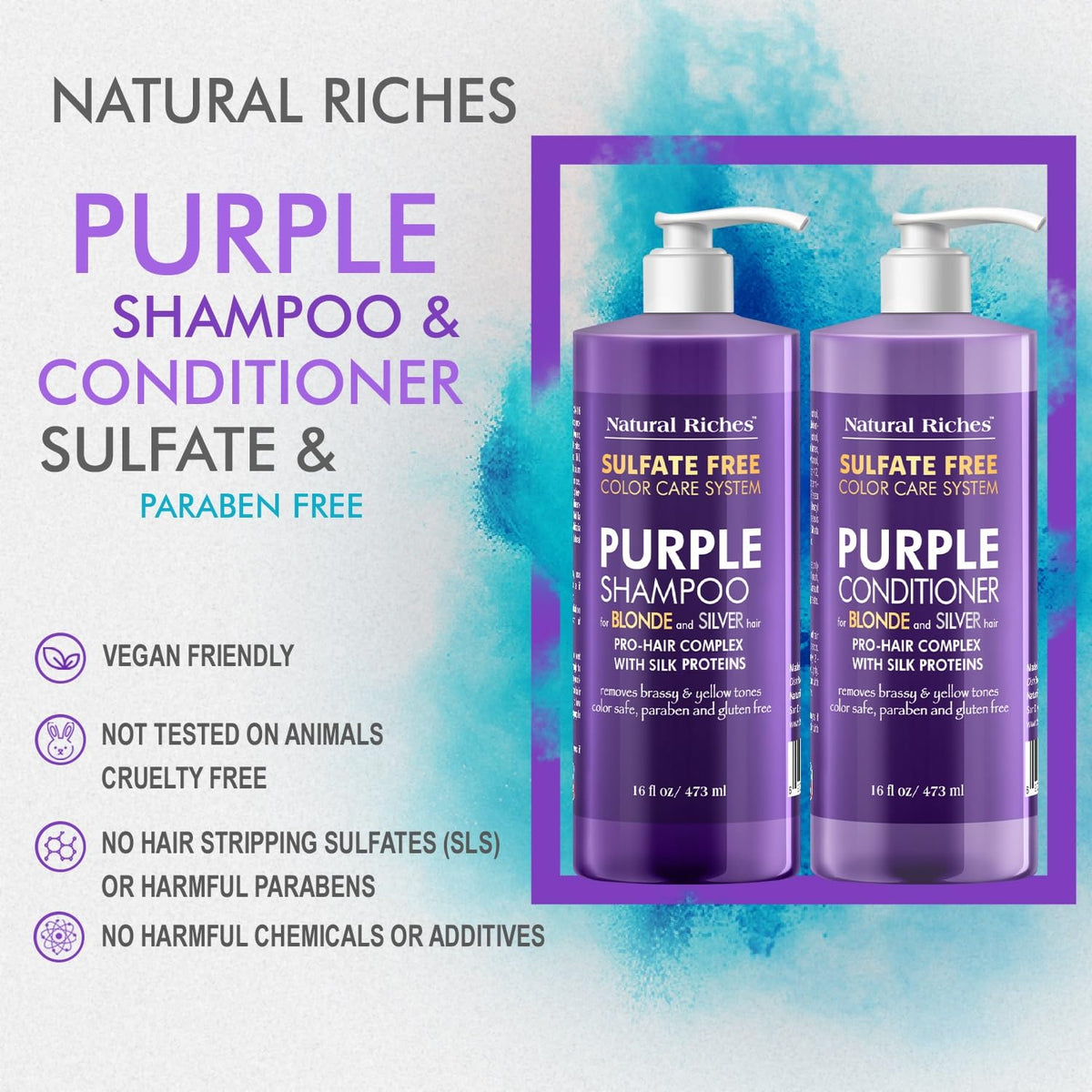 Natural Riches Purple Shampoo and Conditioner in a bathroom setting
