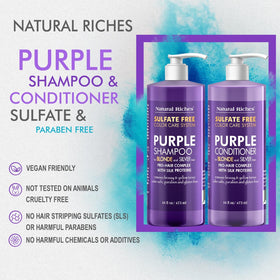 Natural Riches Purple Shampoo and Conditioner in a bathroom setting