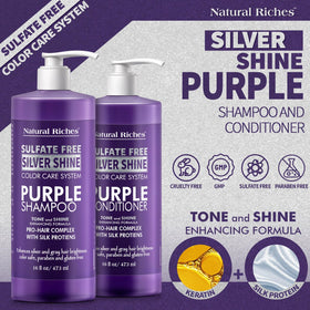 Natural Riches Purple Shampoo and Conditioner Set on a bathroom shelf