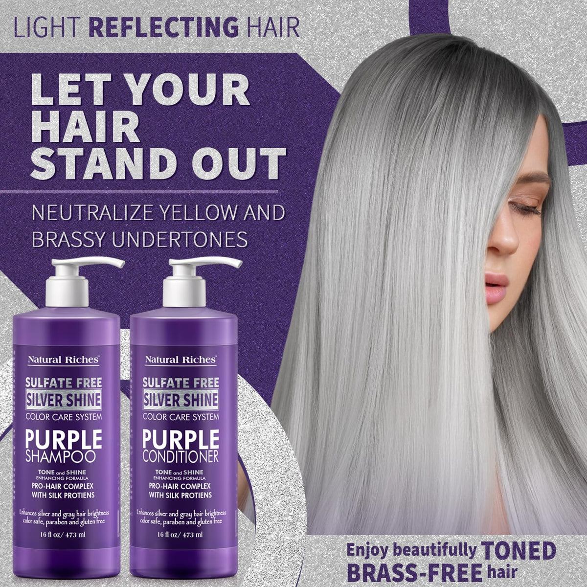 Natural Riches Purple Shampoo and Conditioner Set with fresh flowers