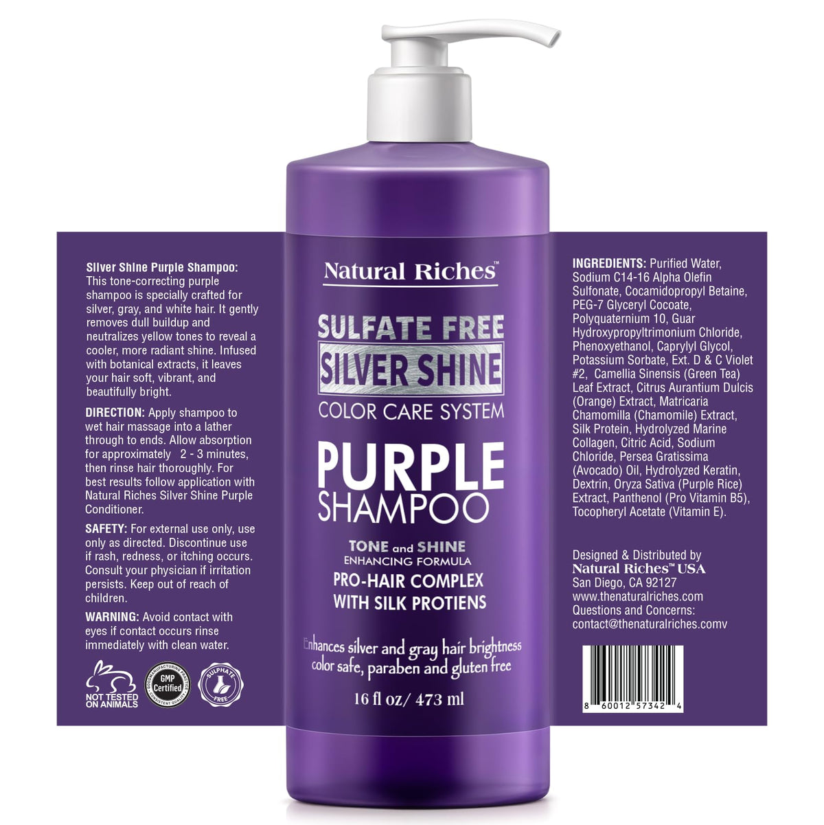 Natural Riches Purple Shampoo bottle with silk proteins label