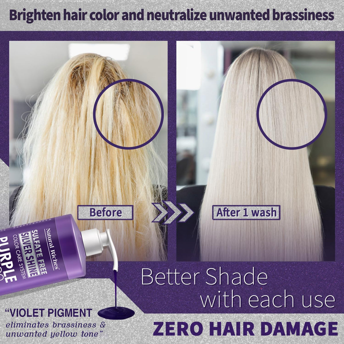 Natural Riches Purple Shampoo lathering in hands