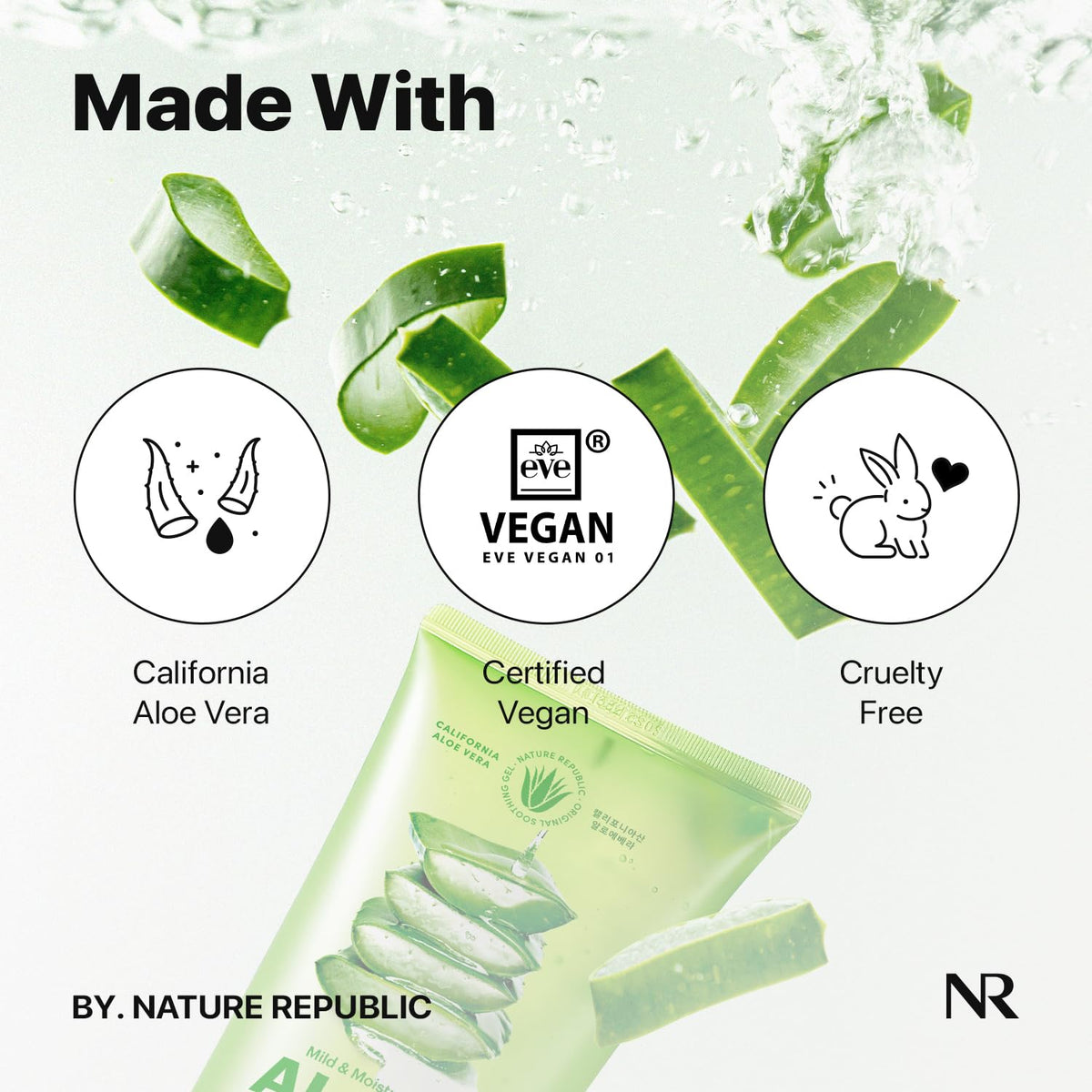 Nature Republic Aloe Vera Gel with aloe leaves background