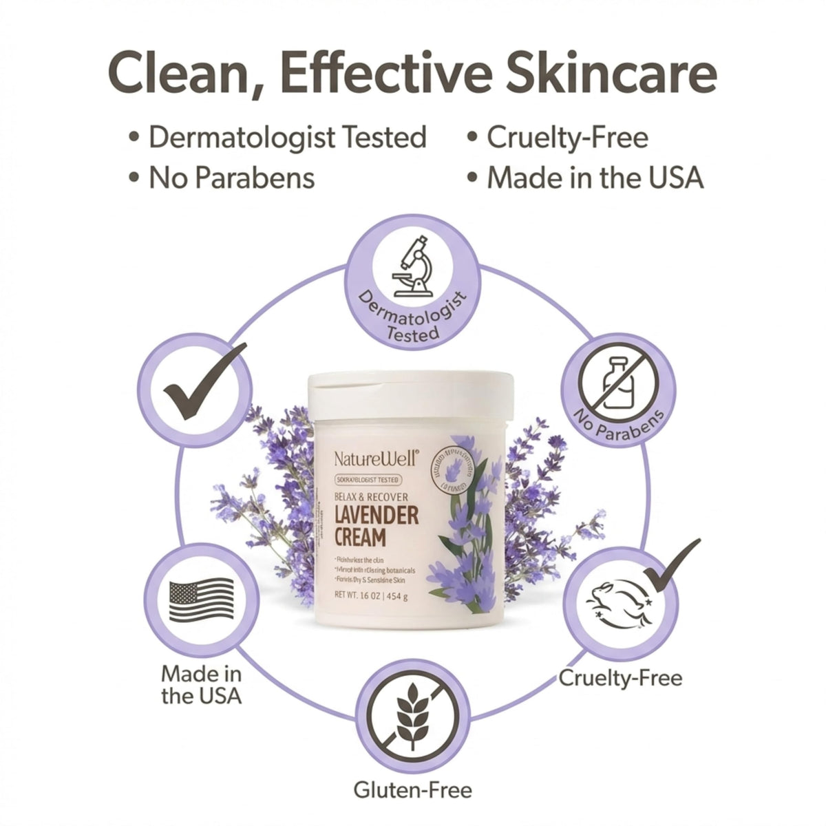 NATURE WELL Lavender Body Cream 16 Oz on a bathroom shelf
