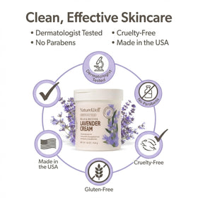 NATURE WELL Lavender Body Cream 16 Oz on a bathroom shelf