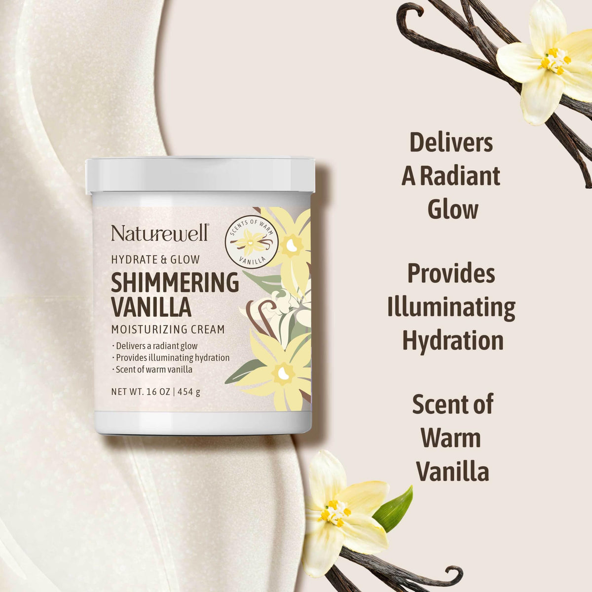 NATURE WELL Shimmering Vanilla Moisturizing Cream application on skin