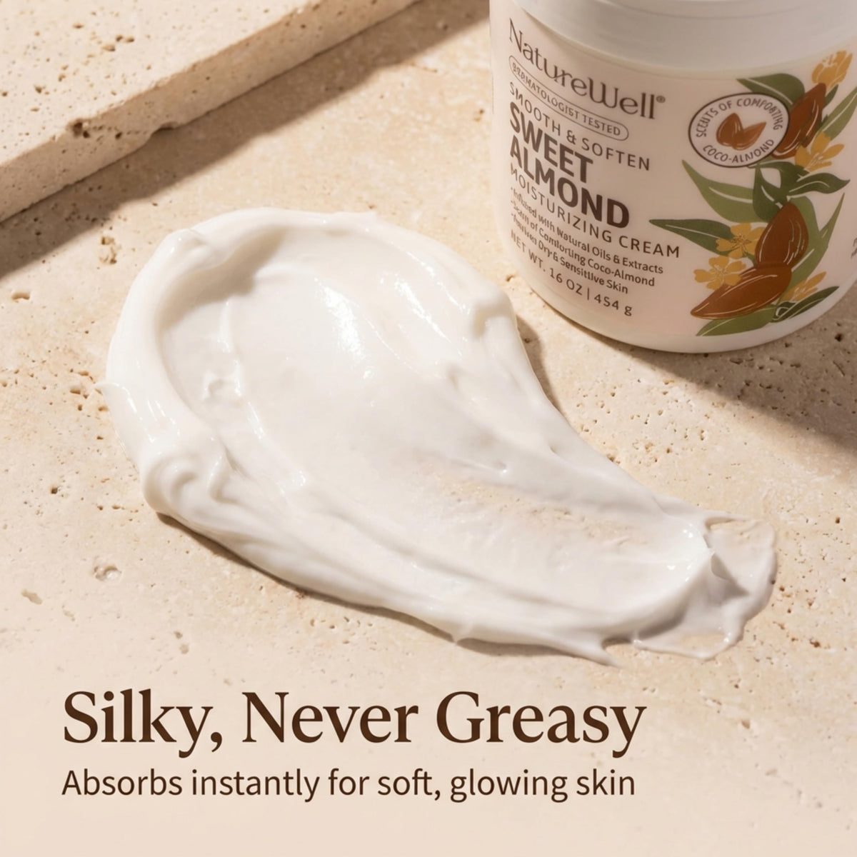 NATURE WELL Sweet Almond Body Cream on a bathroom counter
