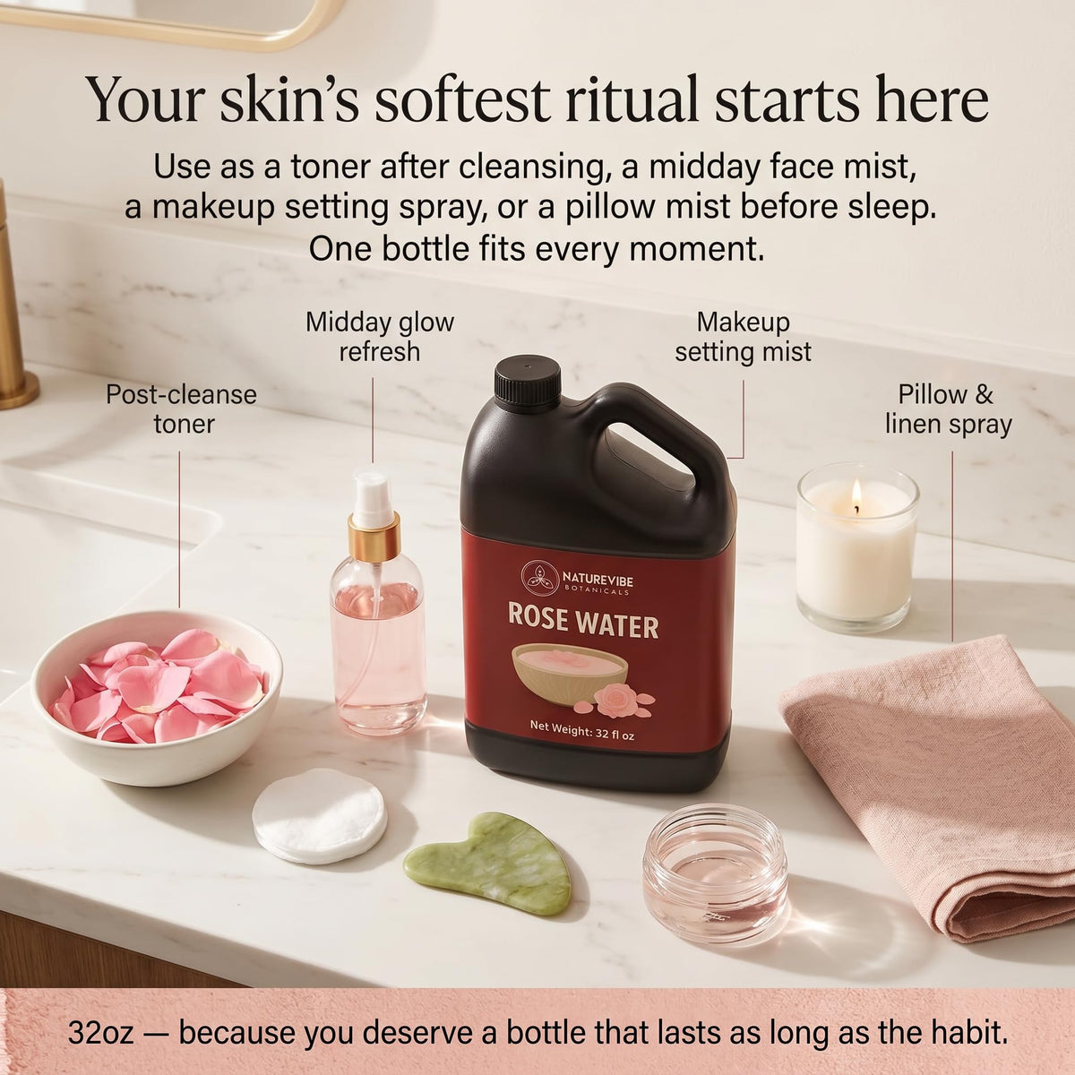 Naturevibe Botanicals Pure Rose Water Toner 32 oz bottle surrounded by rose petals
