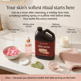Naturevibe Botanicals Pure Rose Water Toner 32 oz bottle surrounded by rose petals