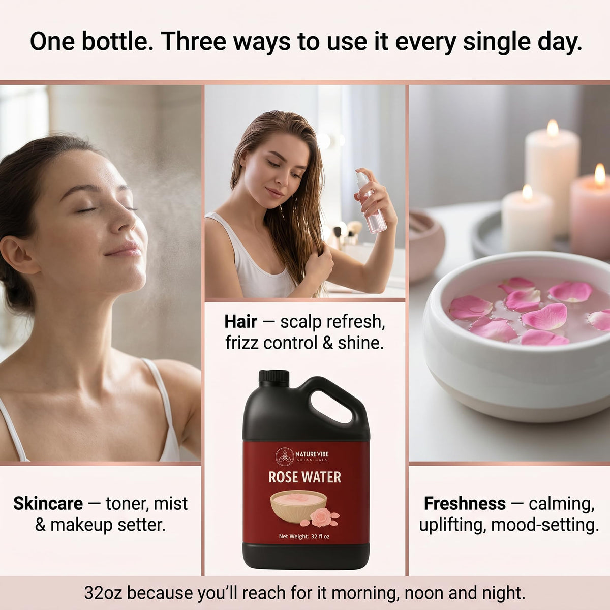 Naturevibe Botanicals Pure Rose Water Toner misting on skin
