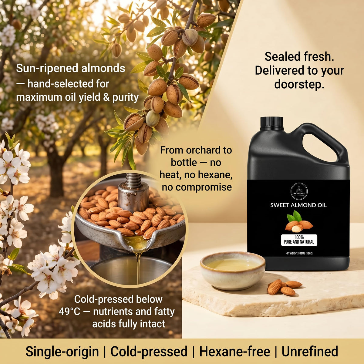 Naturevibe Botanicals Sweet Almond Oil pouring into hands