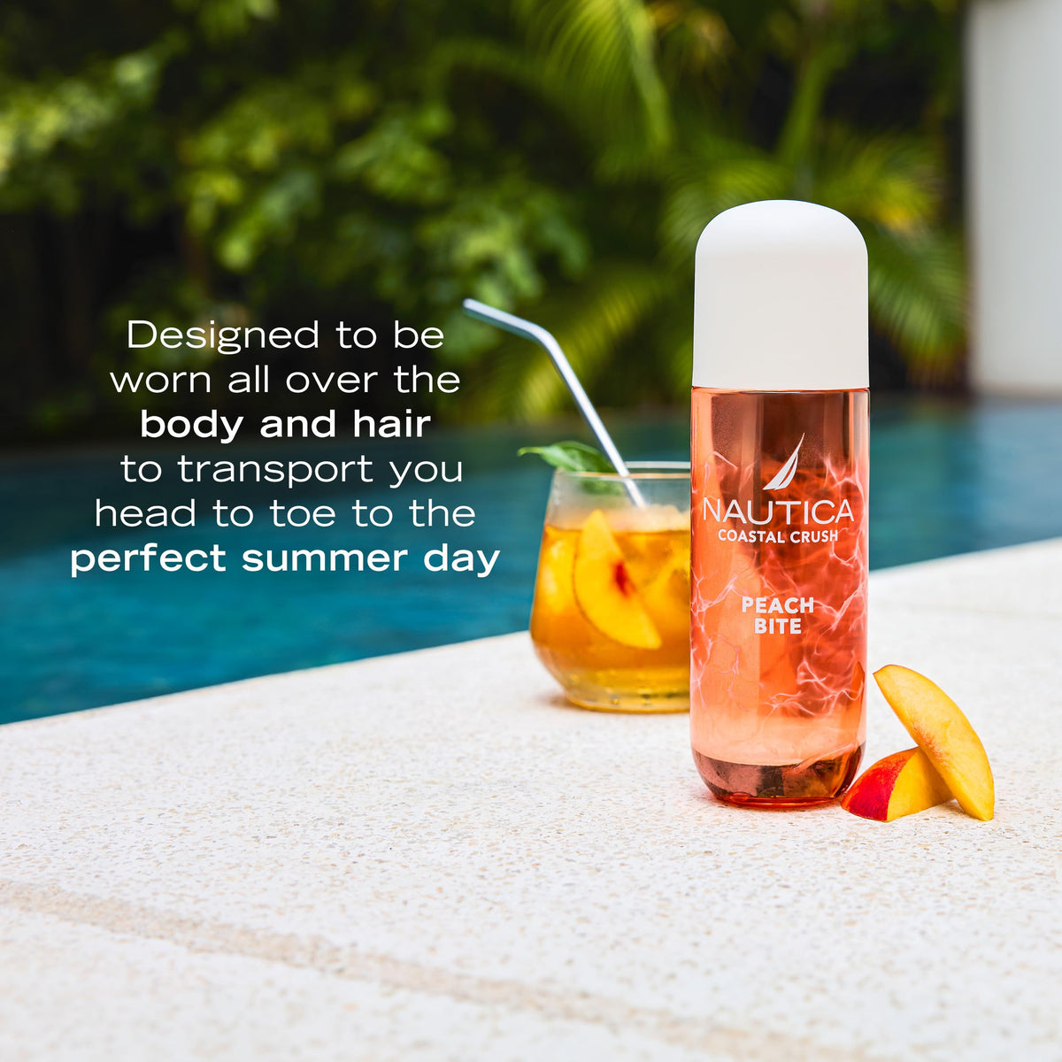Nautica Peach Bite Body Mist 8oz bottle in a beach setting