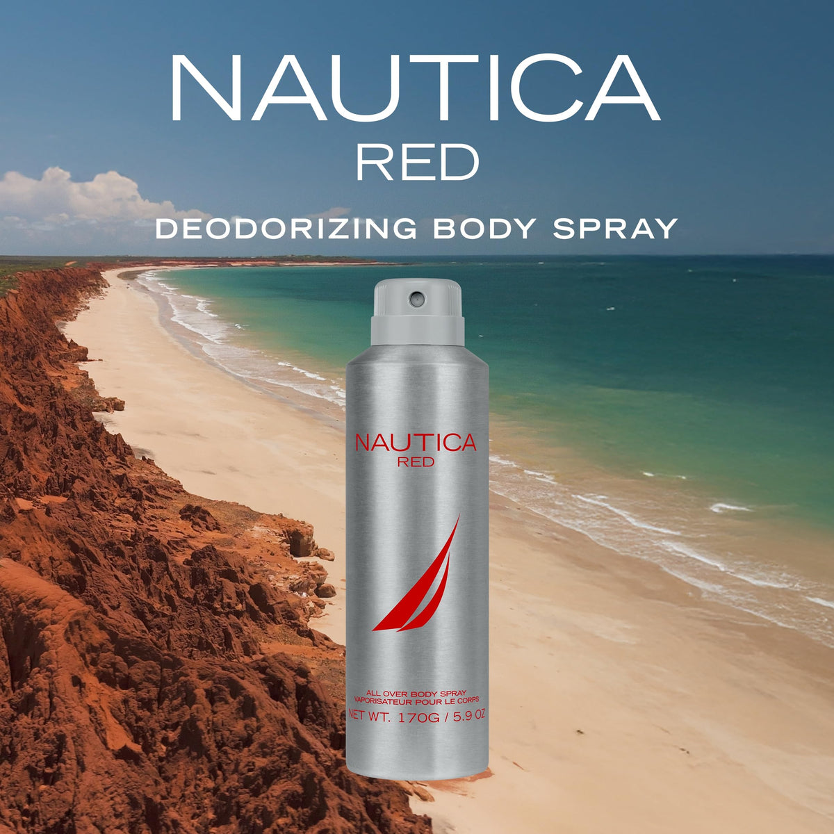 Nautica Red Body Spray packaging with fragrance notes