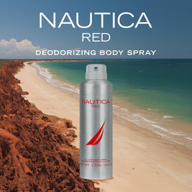 Nautica Red Body Spray packaging with fragrance notes