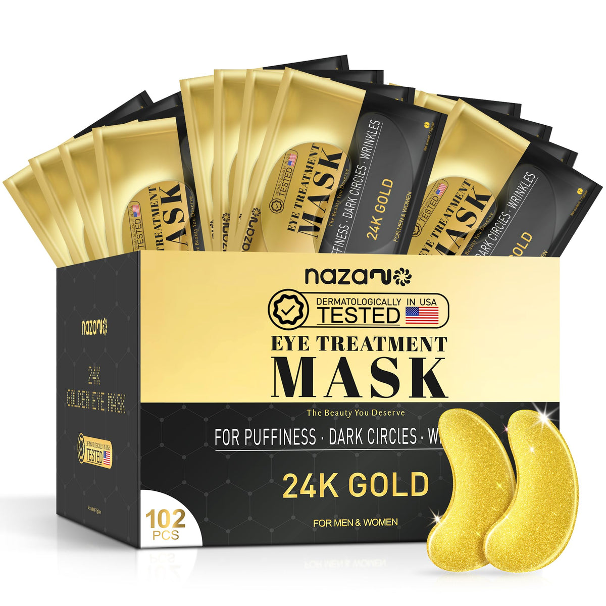 NAZANO 24K Gold Under Eye Patches front view with packaging