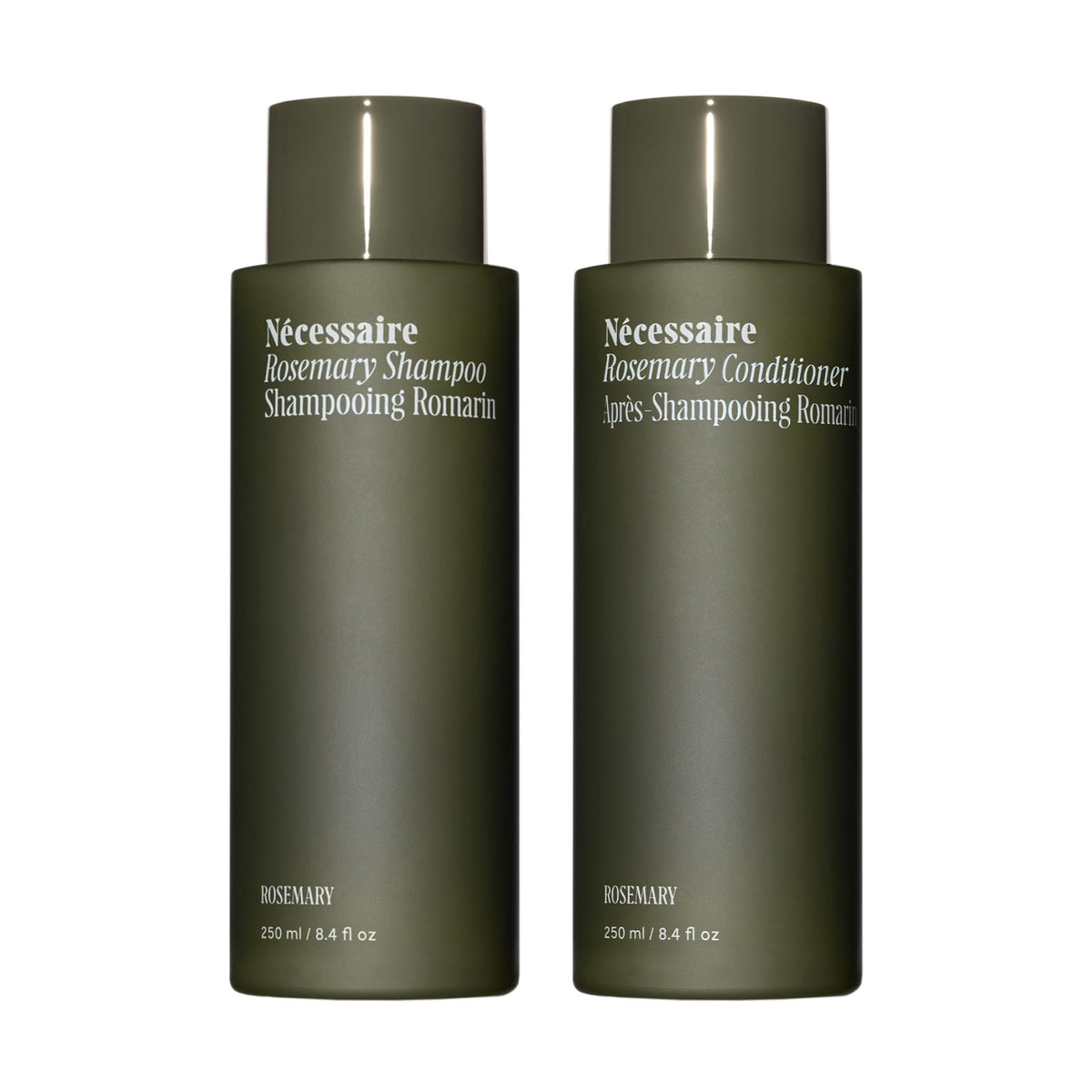 Nécessaire Rosemary Hair Duo Set front view with shampoo and conditioner bottles