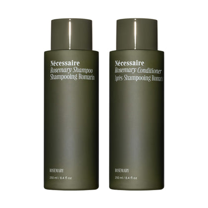 Nécessaire Rosemary Hair Duo Set front view with shampoo and conditioner bottles