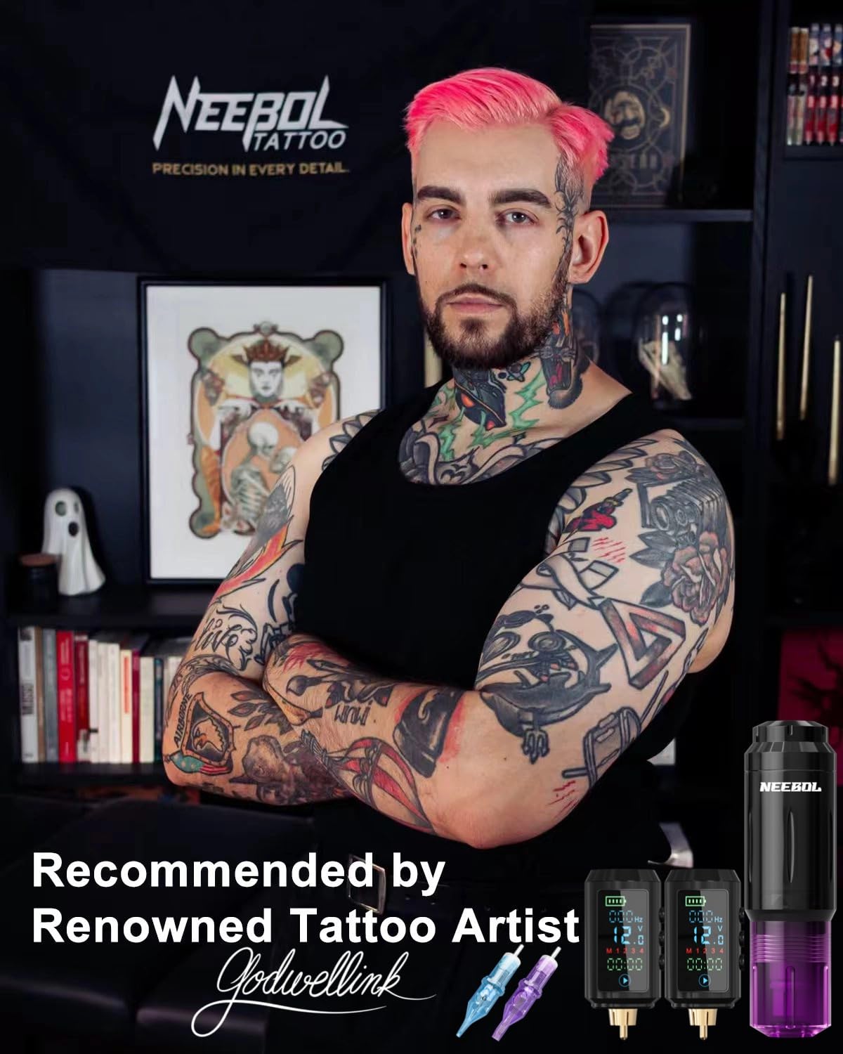 Neebol tattoo gun with dual 1600mAh batteries side view