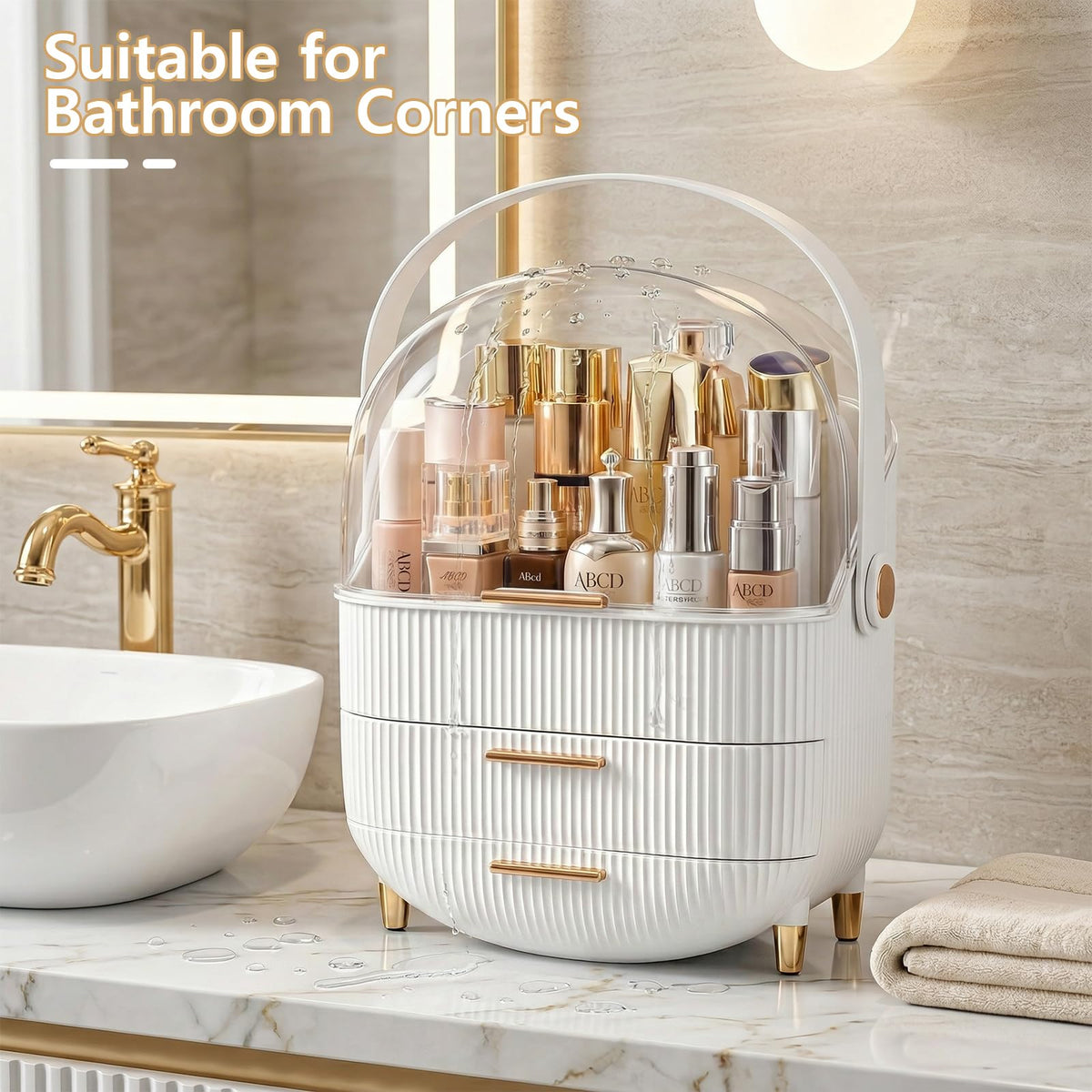 NestOrganix Makeup Organizer on a vanity with beauty products