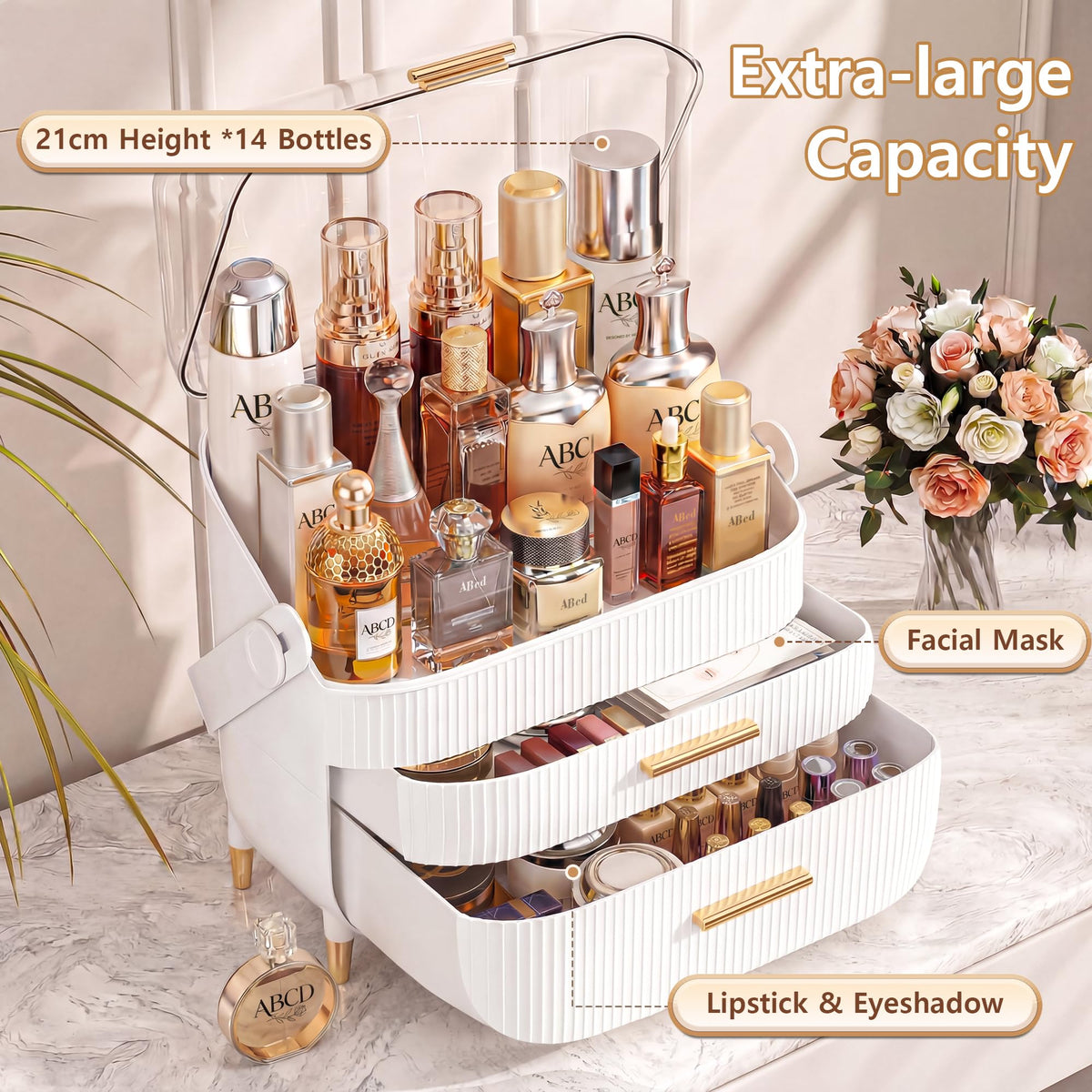 NestOrganix Makeup Organizer open with cosmetics inside