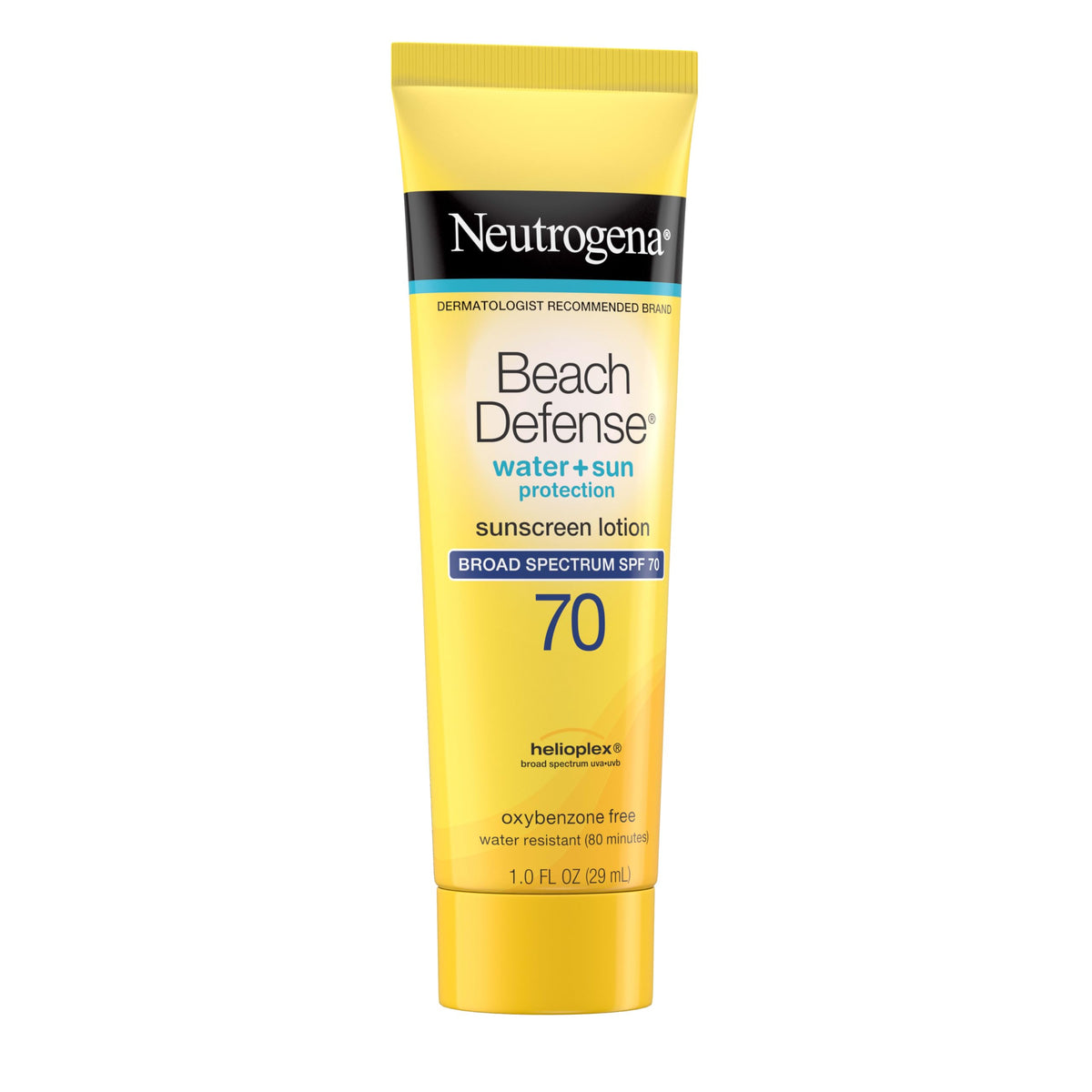 Neutrogena Beach Defense Sunscreen Lotion SPF 70, 1 oz bottle with application on skin