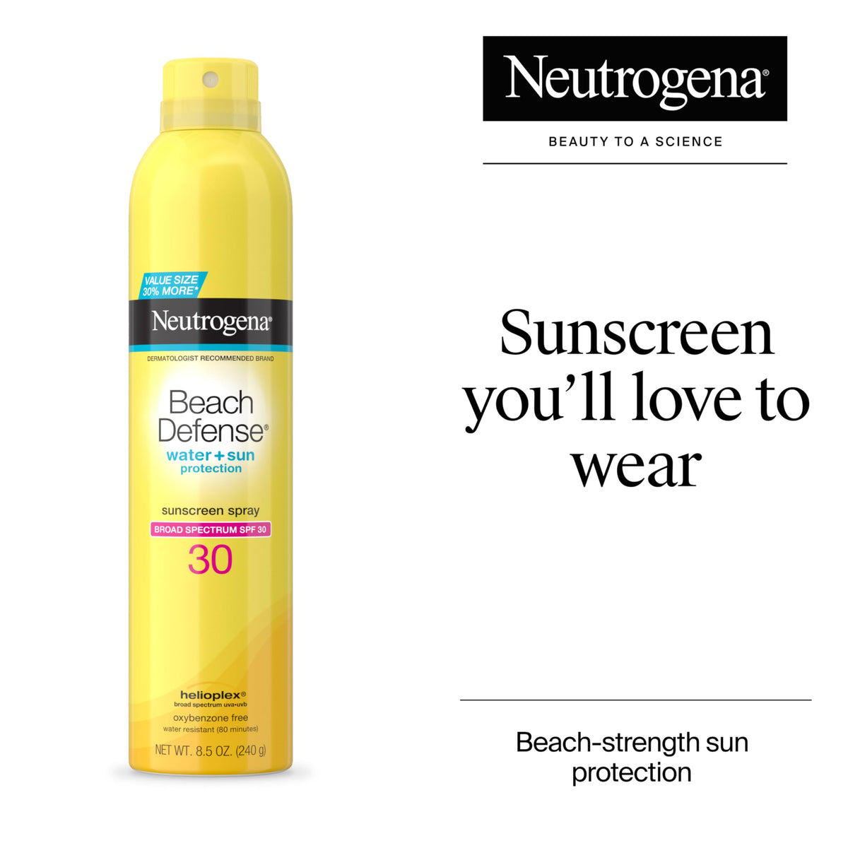 Neutrogena Beach Defense Sunscreen Spray SPF 30 8.5 oz bottle side view