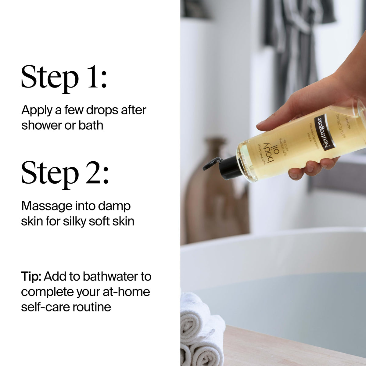 Neutrogena Body Oil Light Sesame Formula on towel after shower