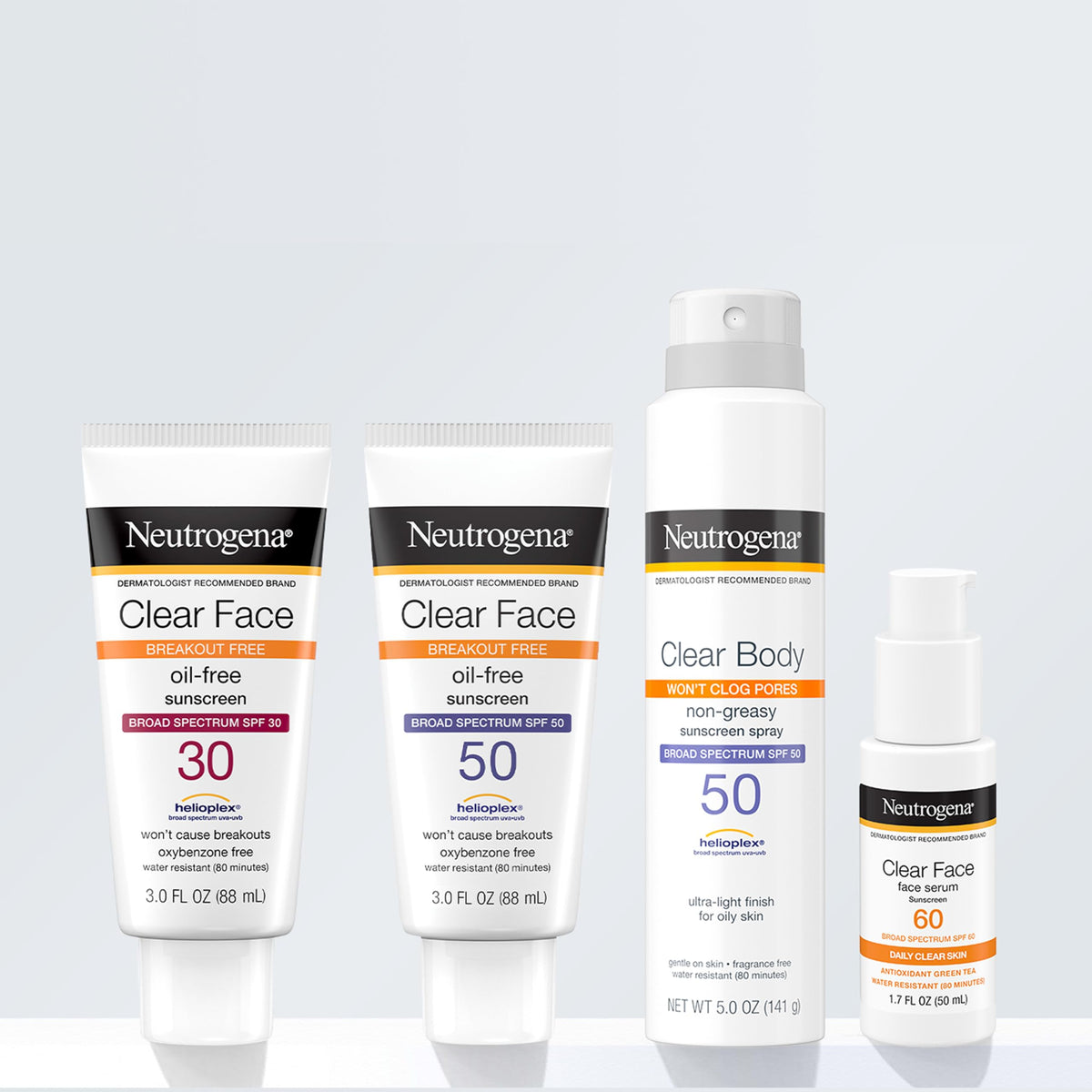 Neutrogena Clear Face Sunscreen SPF 30 on a bathroom counter