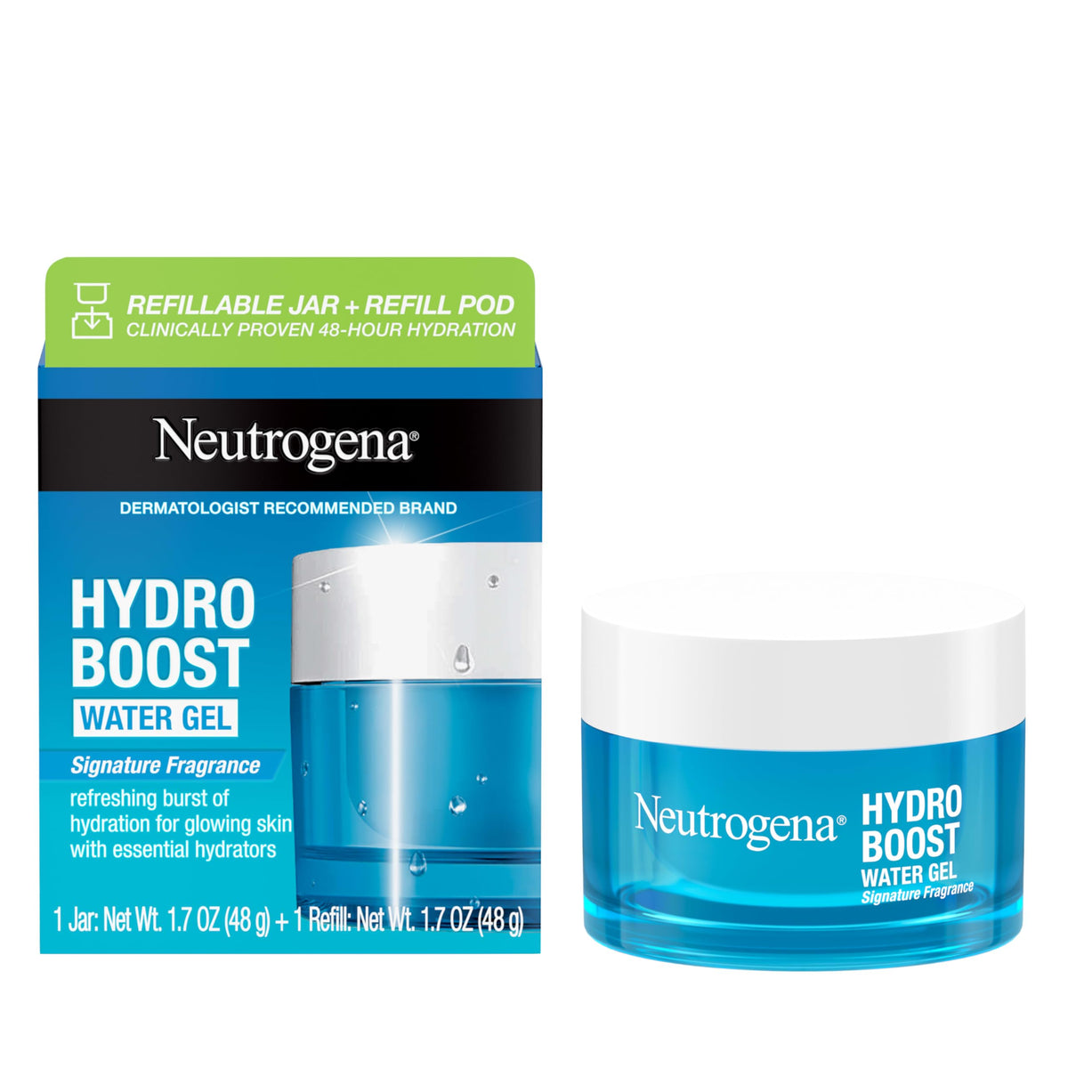 Neutrogena Hydro support Water Gel Starter Kit front view with refillable glass jar