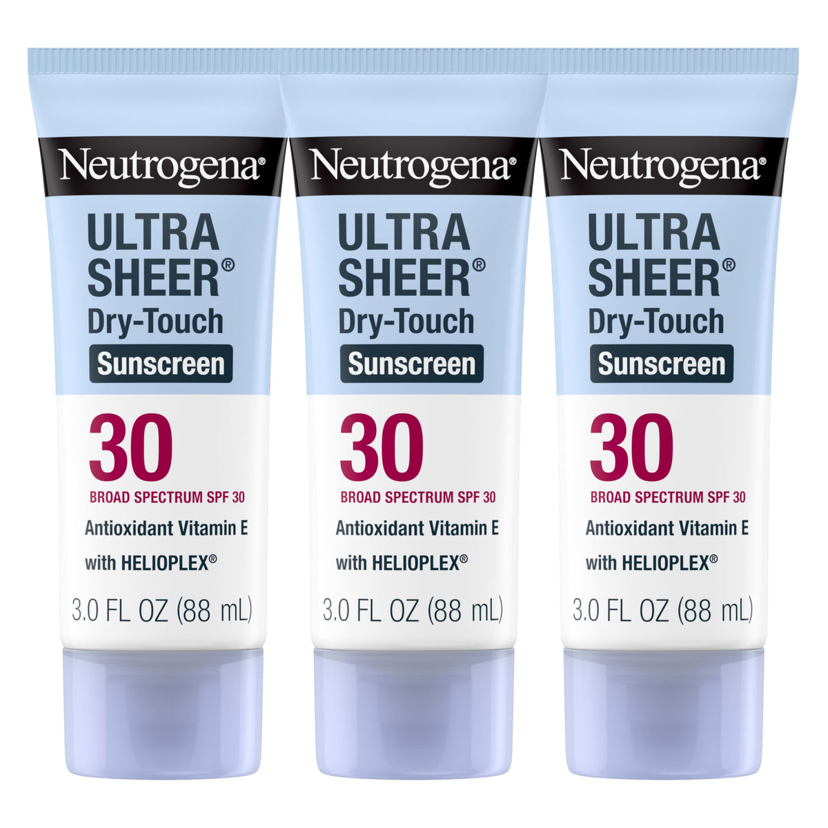 Neutrogena Ultra Sheer Sunscreen Lotion SPF 30 front view, 3 x 3 fl oz bottles