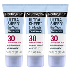 Neutrogena Ultra Sheer Sunscreen Lotion SPF 30 front view, 3 x 3 fl oz bottles