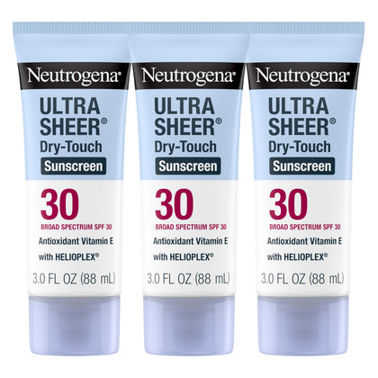 Neutrogena Ultra Sheer Sunscreen Lotion SPF 30 front view, 3 x 3 fl oz bottles