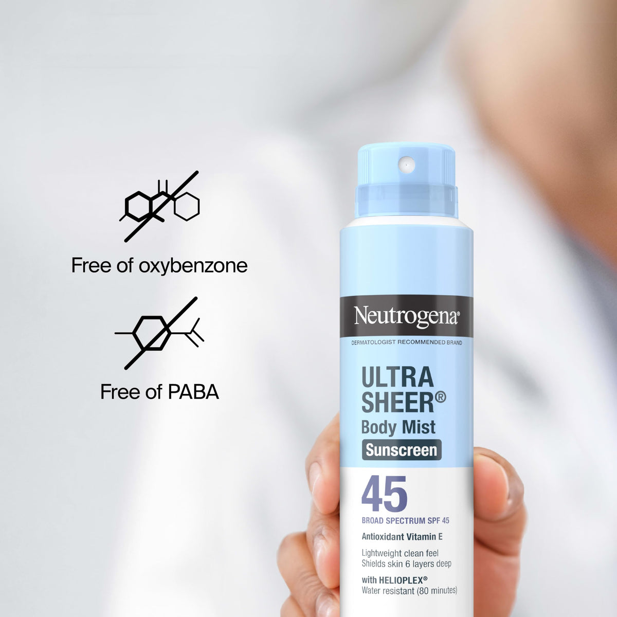 Neutrogena Ultra Sheer Sunscreen Spray SPF 45 mist close-up