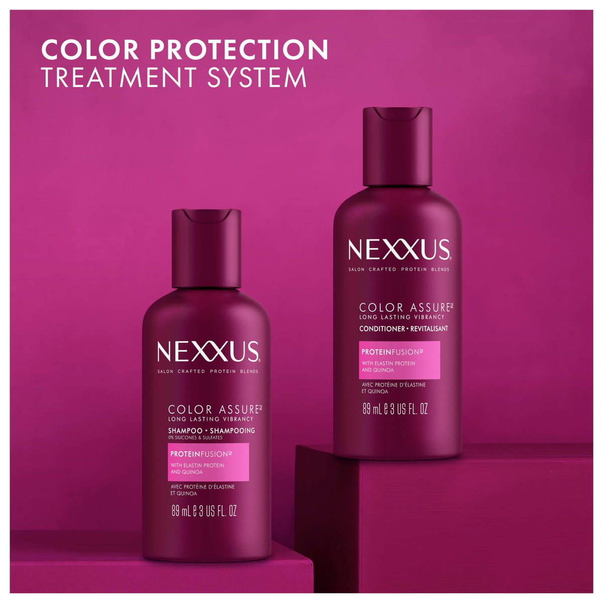 Nexxus Color Assure Shampoo 3-Pack displayed on a bathroom counter