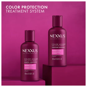 Nexxus Color Assure Shampoo 3-Pack displayed on a bathroom counter