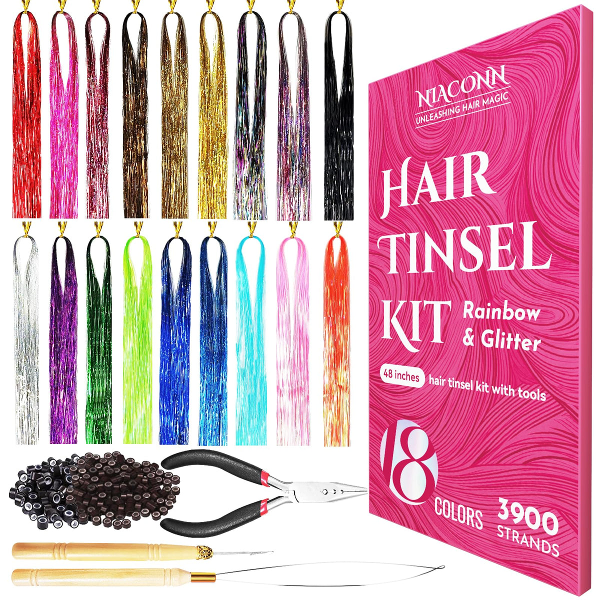 NIACONN Glitter Hair Tinsel Extensions Kit with 18 colours