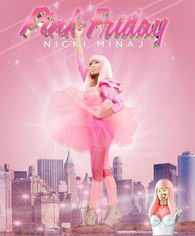 Nicki Minaj Pink Friday Eau de Parfum 3.4 oz bottle on a vanity table