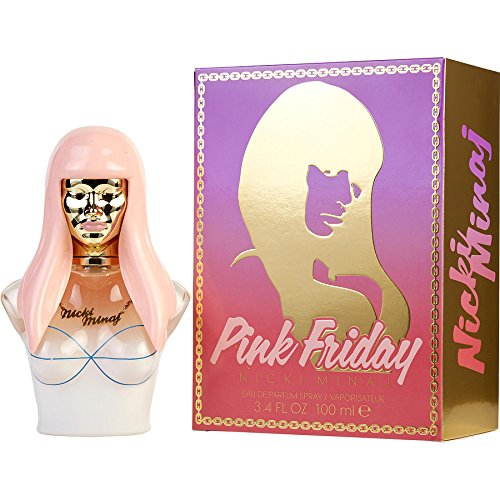 Nicki Minaj Pink Friday Eau de Parfum bottle with pink floral background