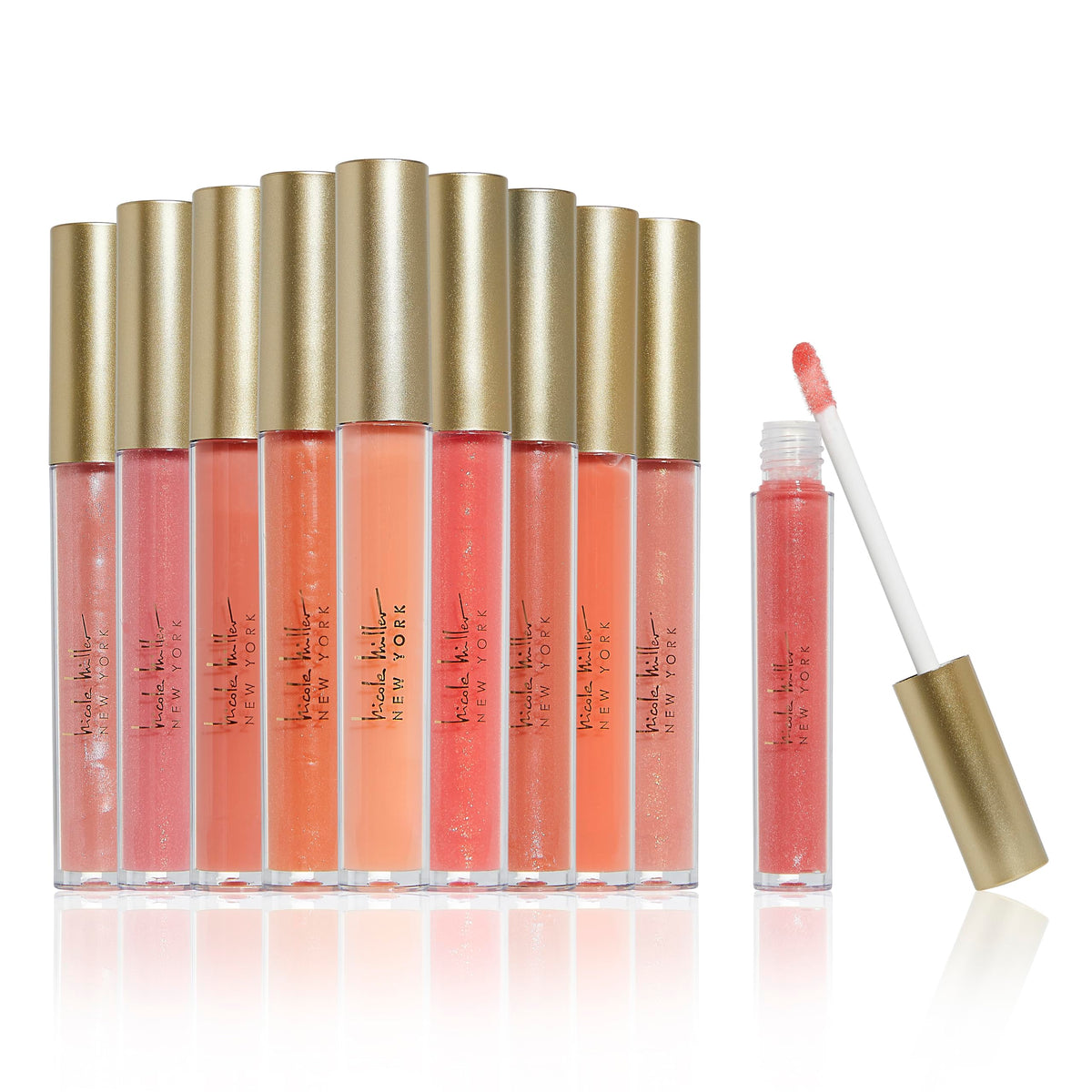 Nicole Miller Lip Gloss Collection front view with 10 glossy shades