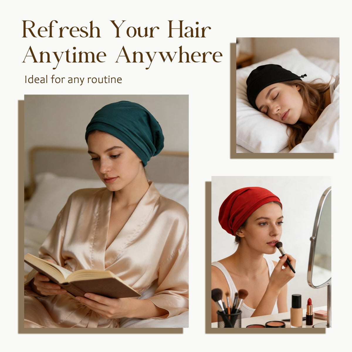 NICPOO Silk Satin Bonnet Hair Wrap in use during yoga