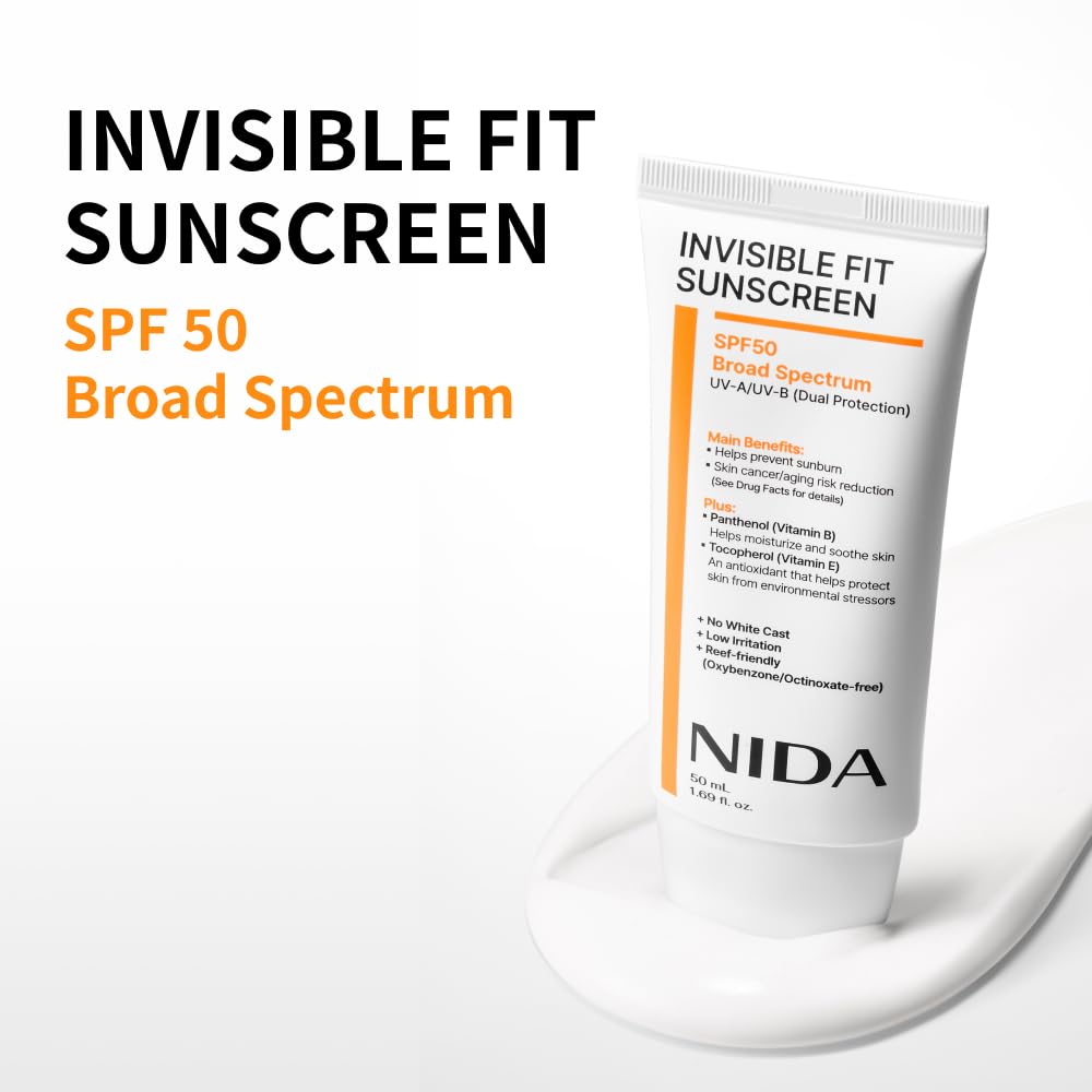 NIDA Invisible Fit Sunscreen SPF 50 back view showing ingredients