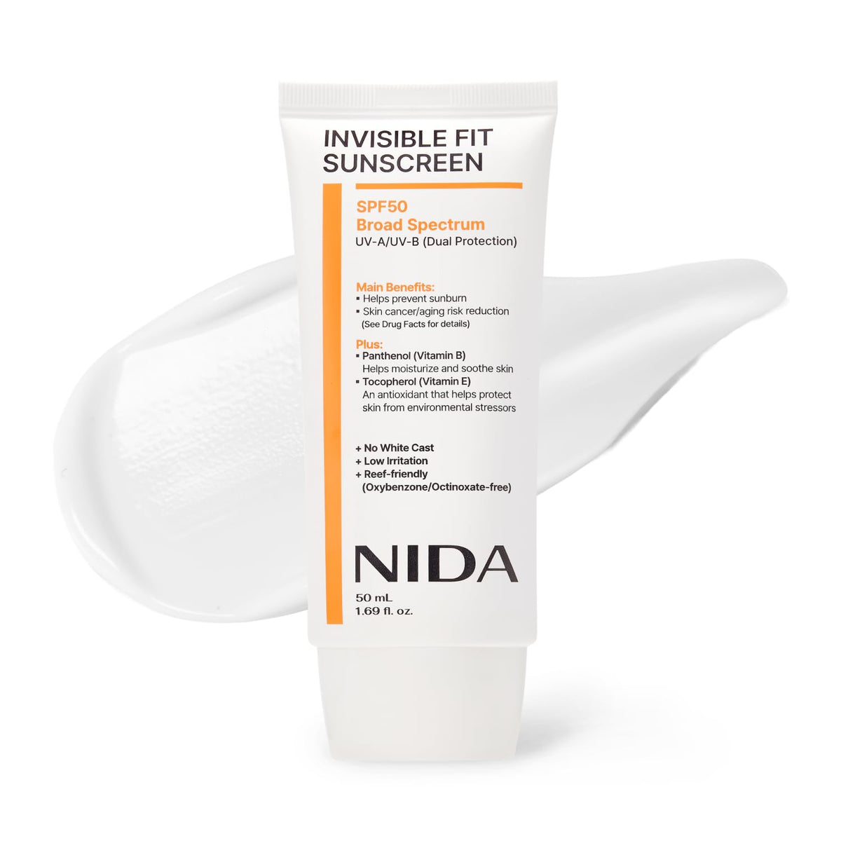 NIDA Invisible Fit Sunscreen SPF 50 front view with 50ml bottle