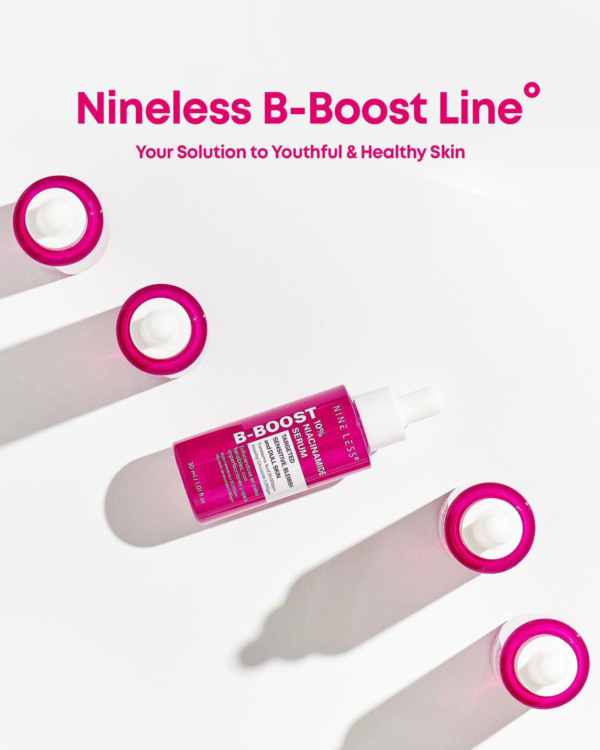 NINELESS B-support 10% Niacinamide Serum with skincare products