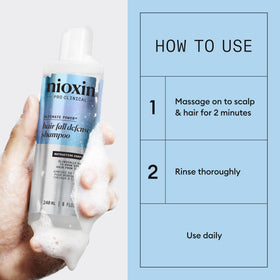 NIOXIN Hair Fall Defense Shampoo 270g in bathroom setting