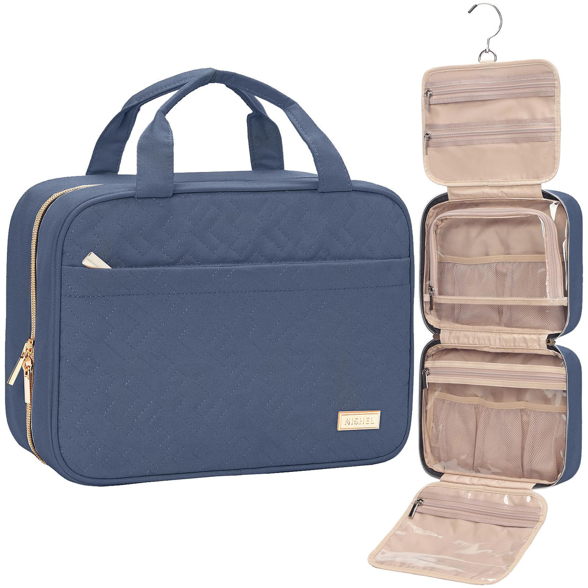 NISHEL Travel Toiletry Bag front view in Aegean-Blue