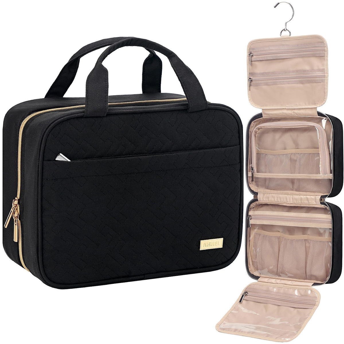 NISHEL Travel Toiletry Bag front view with compartments open