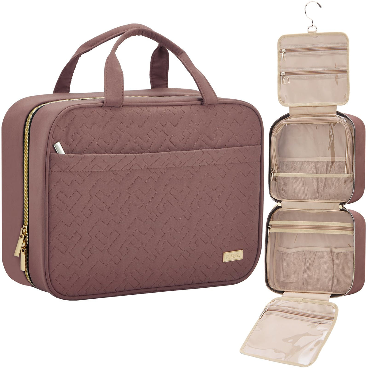 NISHEL Travel Toiletry Bag front view with compartments open