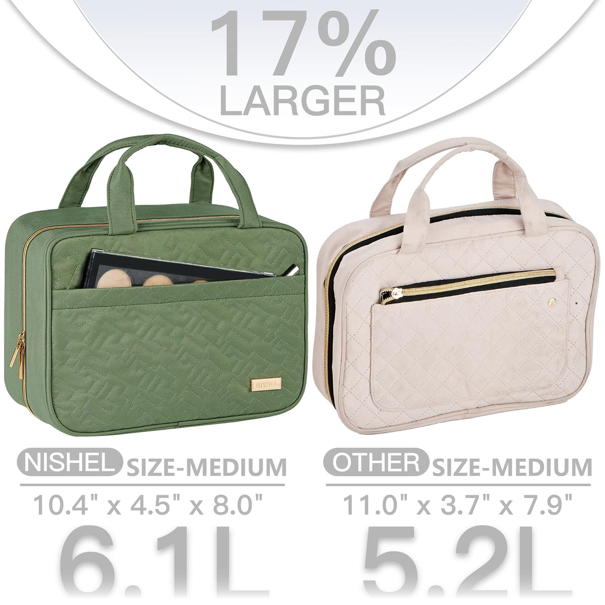 NISHEL Travel Toiletry Bag hanging from a hook
