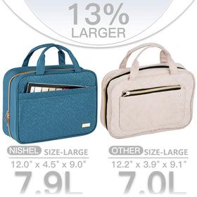 NISHEL Travel Toiletry Bag hanging on a bathroom hook